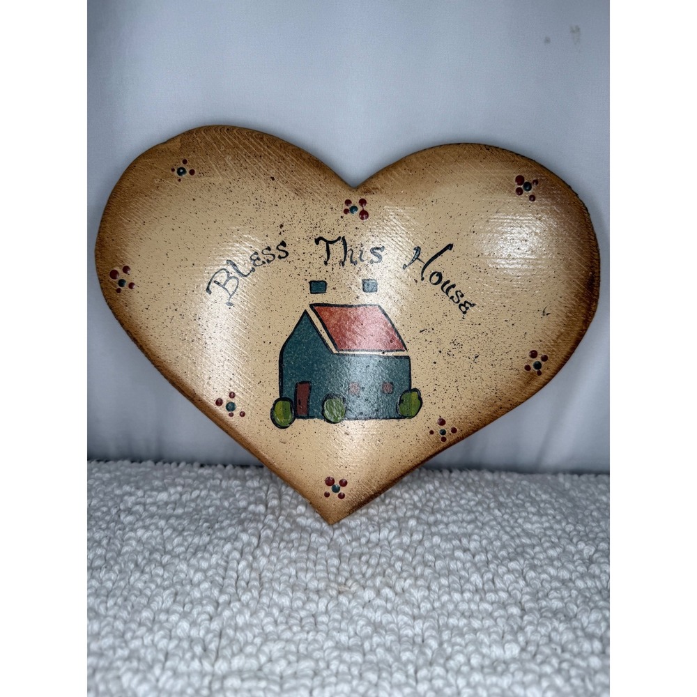 Vintage Folk Art Wooden Heart Wall Plaque Bless This House Primitive Country Art